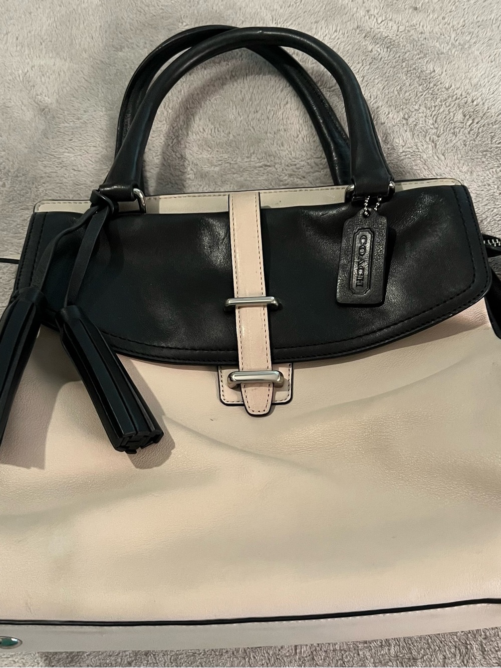 Coach Legacy Two-Tone North South Black and Cream Leather Satchel